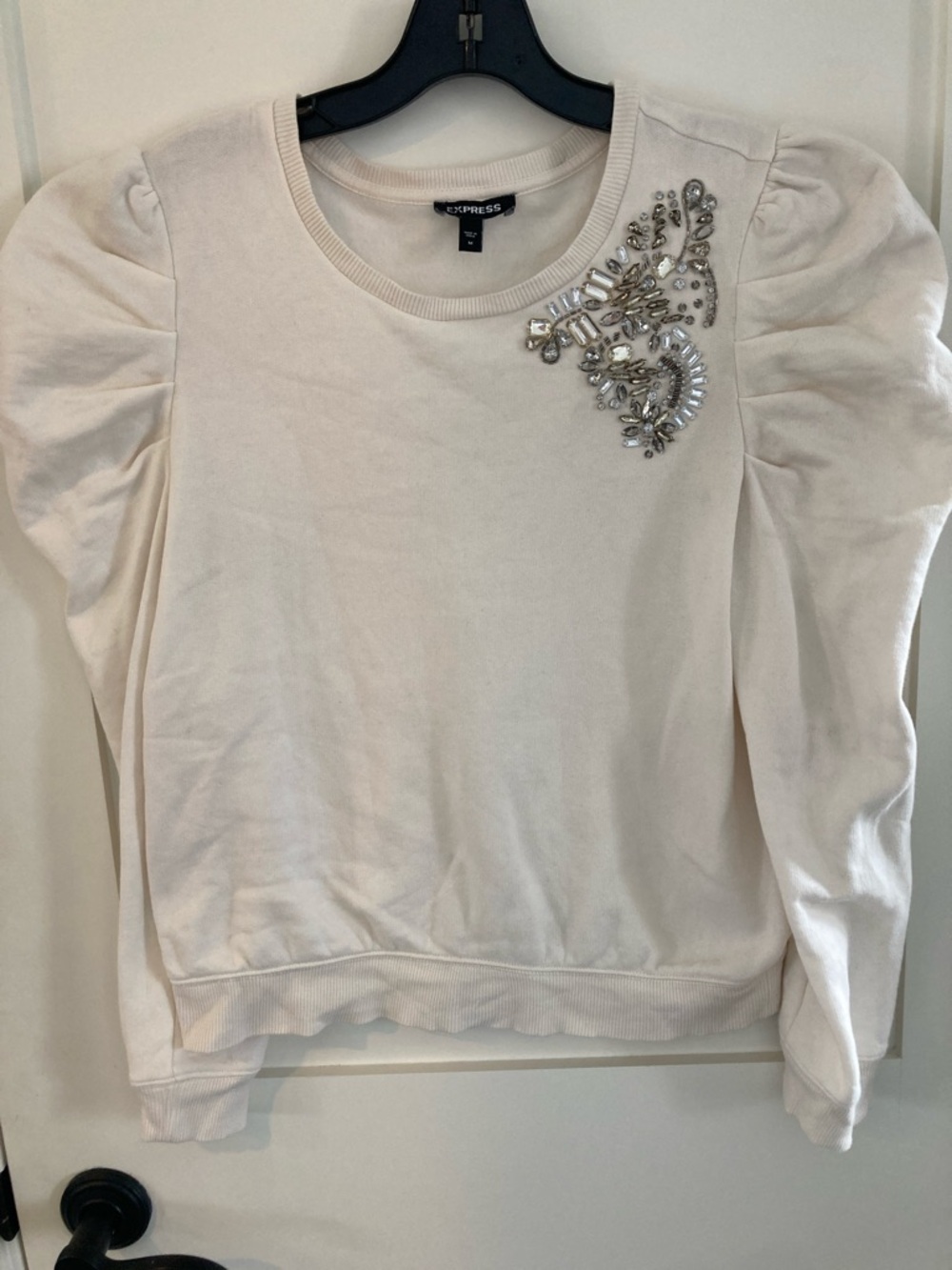 Express Cream Puff-Sleeve Jeweled Sweatshirt
